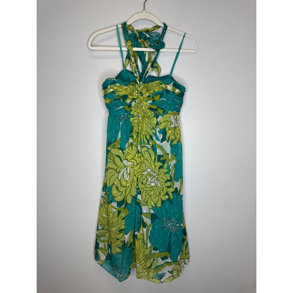 Y2K Ann Taylor Silk Floral Halter Dress Teal Green White Ruched Size 2 NWT